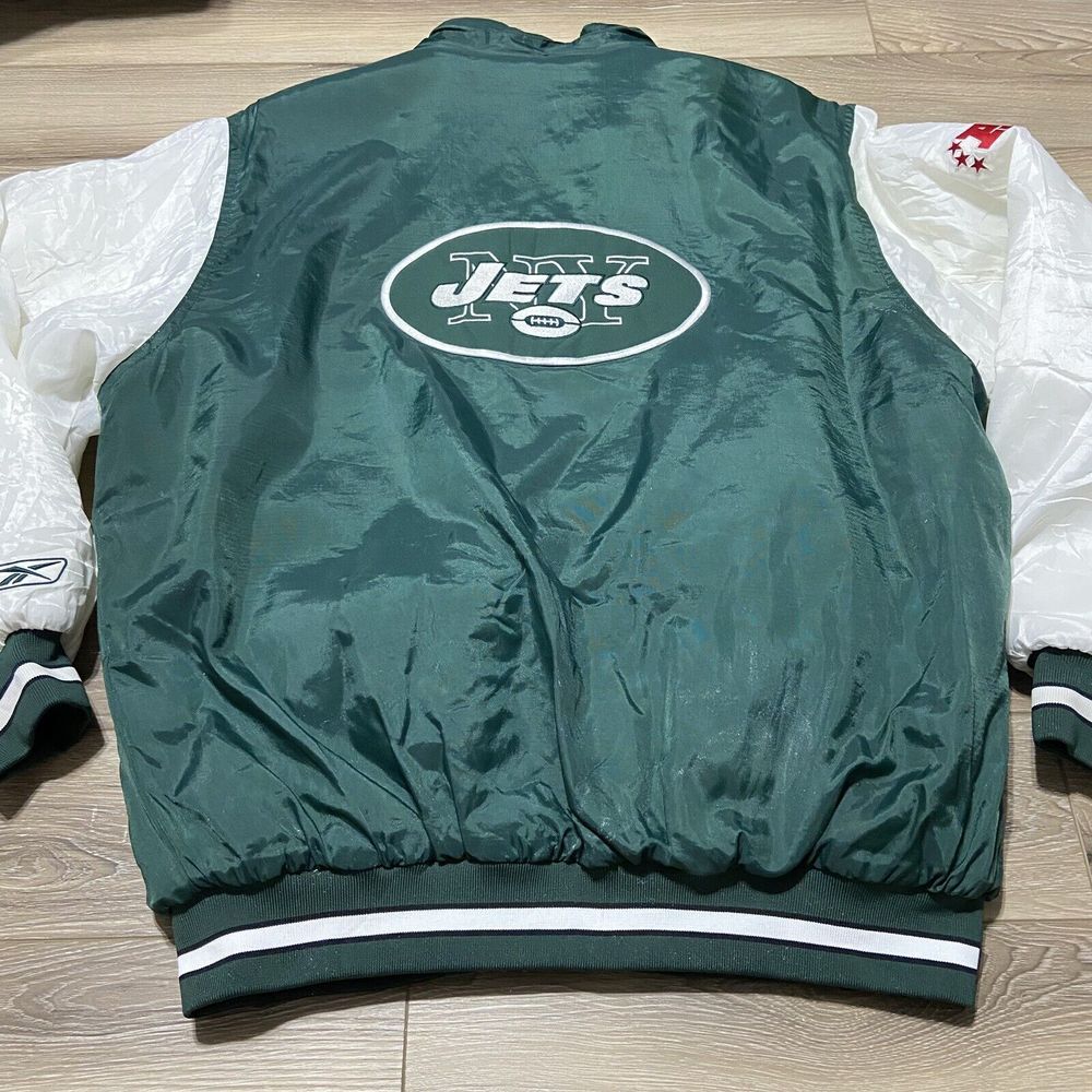 Vintage New York‎ Jets Reebok Puffer Jacket M Green NFL Football Full Zip Satin